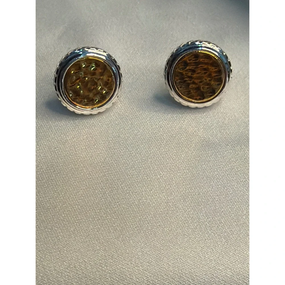 925 Sterling Silver Two Tone Round Cufflinks Braided Border Gold Textured Inlay